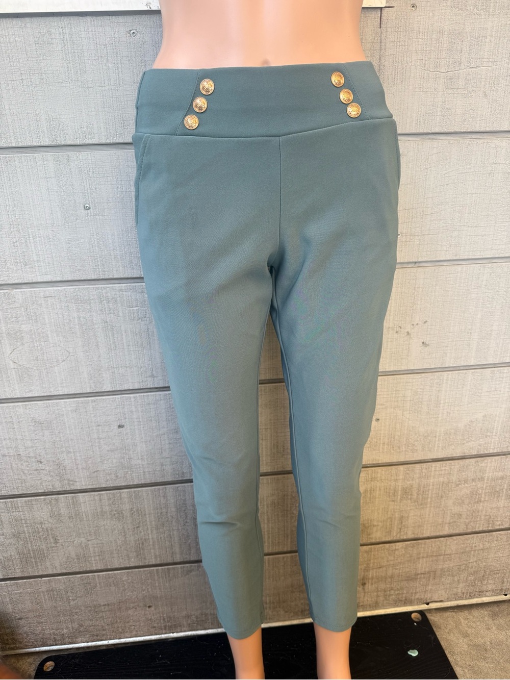 Women’s High-Waist Teal Skinny Ponte Pants with Decorative Buttons size small